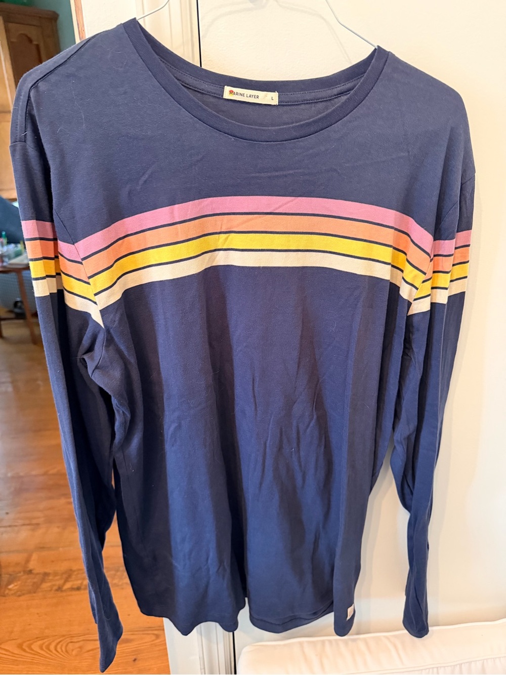 Marine Layer Navy Crewneck Sweater with Pink, Yellow and Cream Stripes